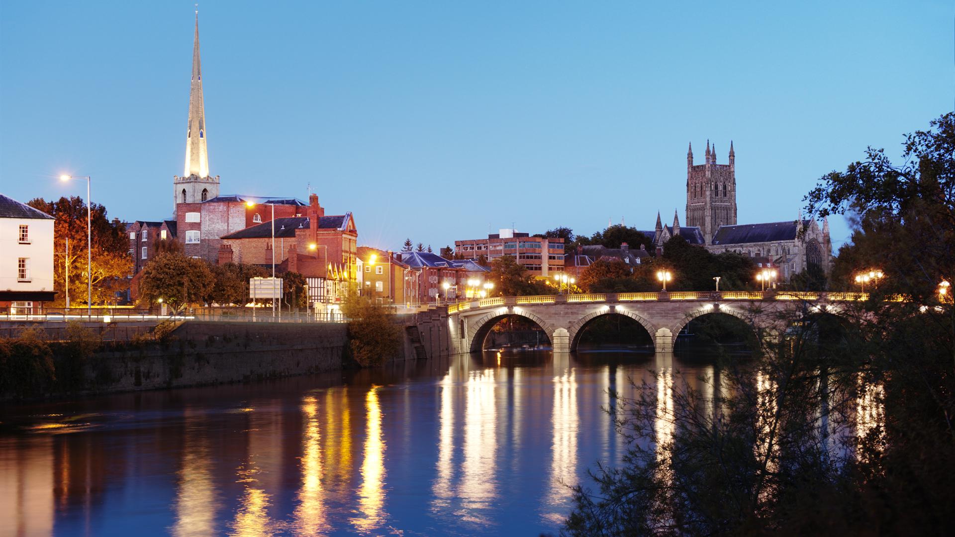 Worcester cathedral and business district along the river