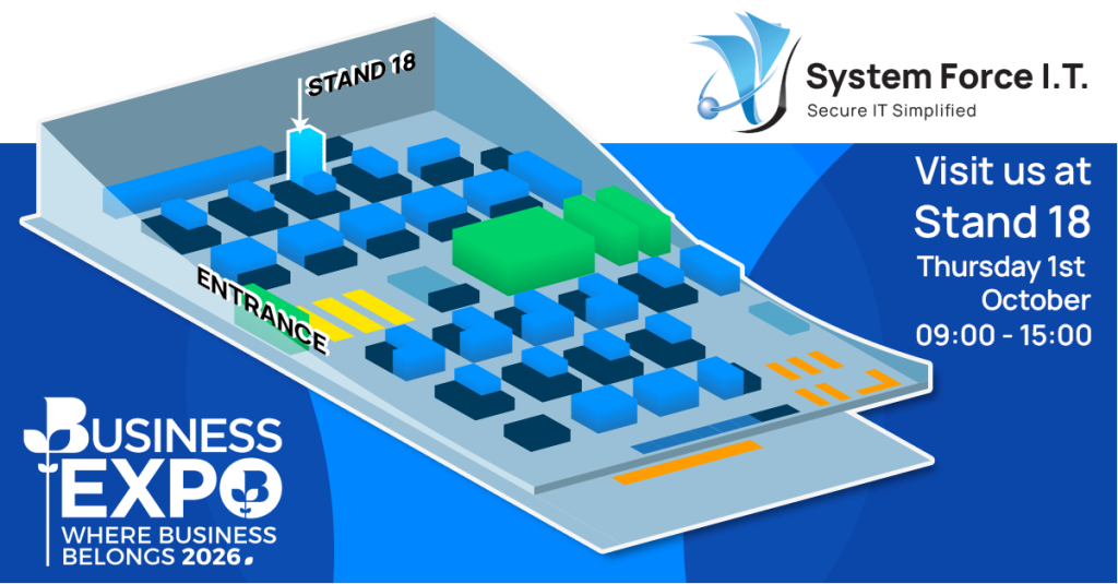 Floor plan of the Chamber Business Expo showing System Force IT on Stand 18 near the entrance on Thursday 1 October 2026